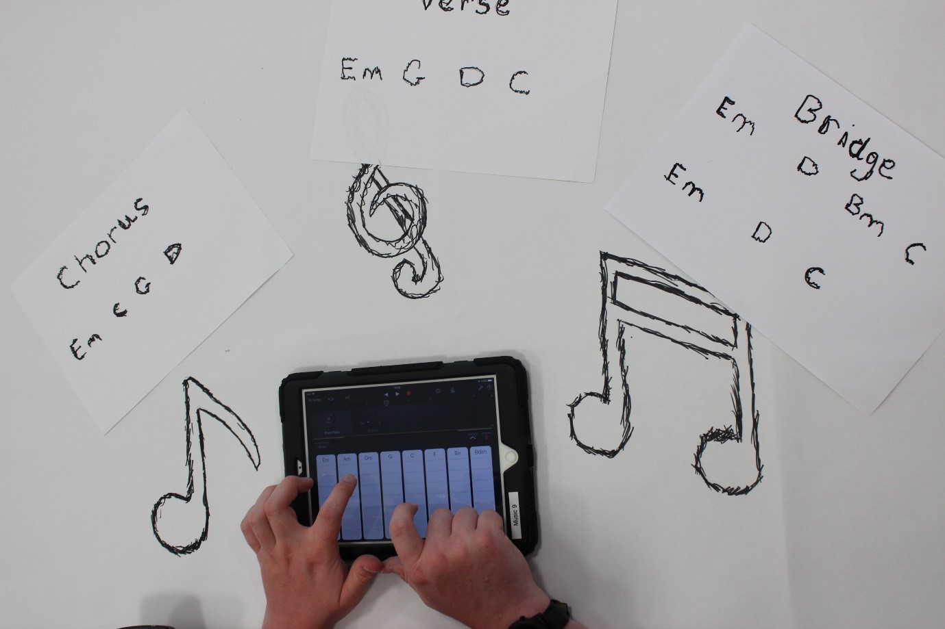 Bradley: “Nice quirky theme, all about his love of music.” Paul Coates Two hands playing a small keyboard with musical notes surrounding the keyboard