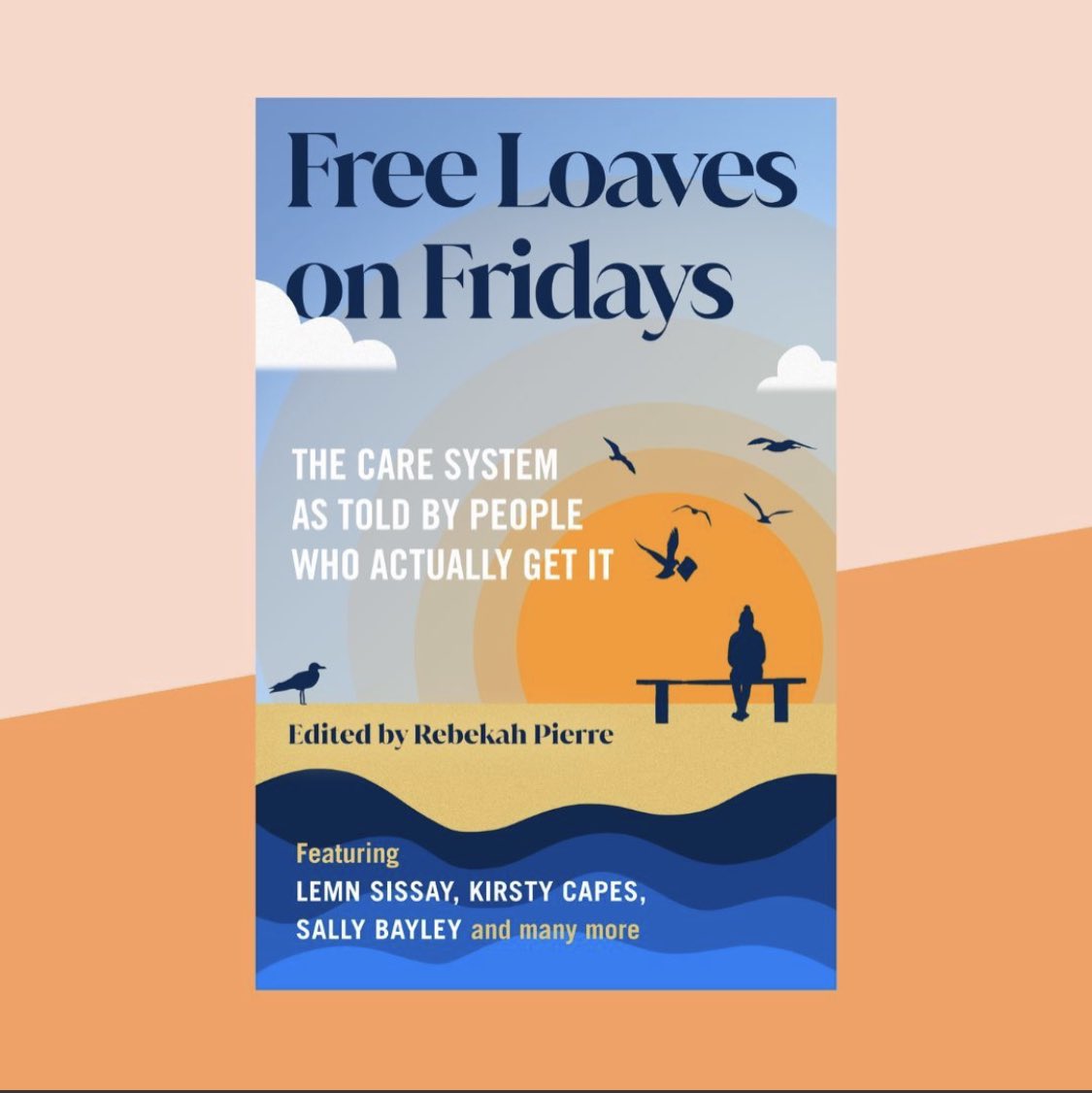 Cover of Free Loves on Friday which has an illustration of a young person's silhouette sat on a bench in front of a sunset with birds flying above them.