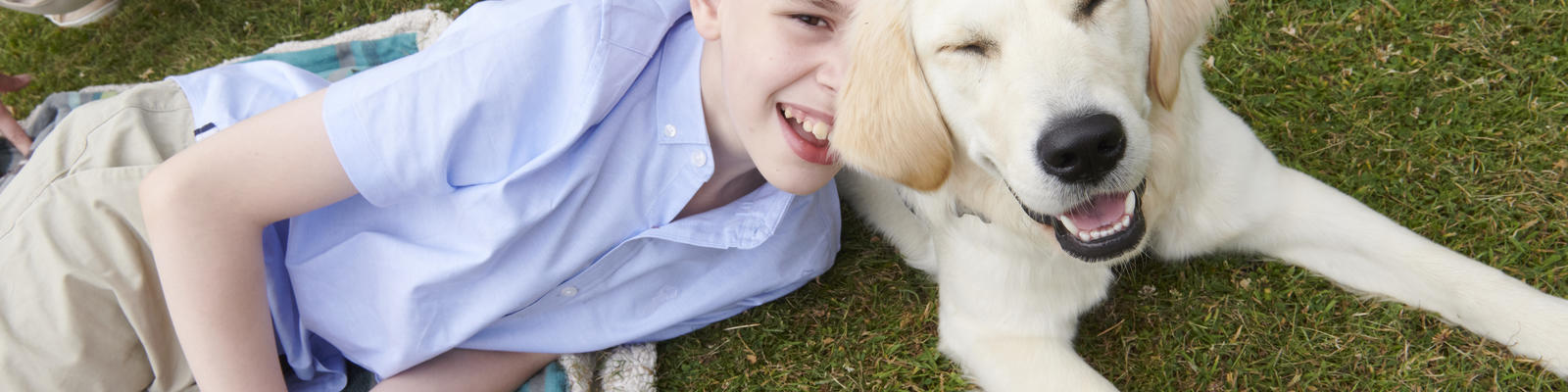 Young boy sat down on grass next to a therapy dog. The boy is smiling widely. 