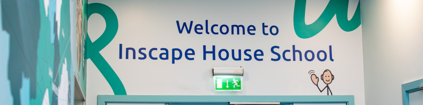 A decorated wall with colorful swirls and text that reads "Welcome to inscape house school" 