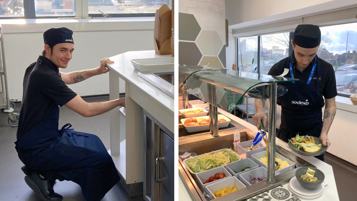 Two photos side by side showing Bayleigh working at Soxedo. Photo 1: He is crounched down looking at the camera while getting something from a fridge. Photo 2: He is in the kitchen servicing food