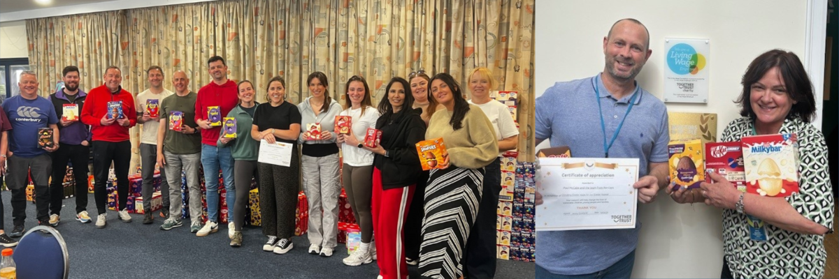 A collage of 2 images. On the left a group photo of a big team of people holding chocolate eggs. ON the right a Together Trust fundraiser is holding chocolate eggs and a man from Barclays holds a certificate.