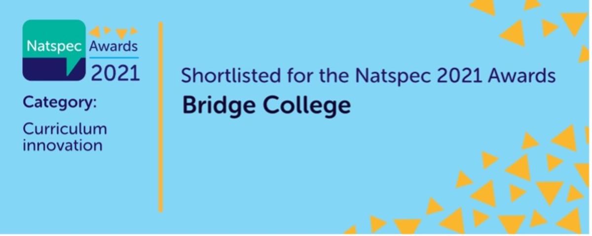 A blue banner with the Natspec logo reads shortlisted for the Natspec 2021 awards