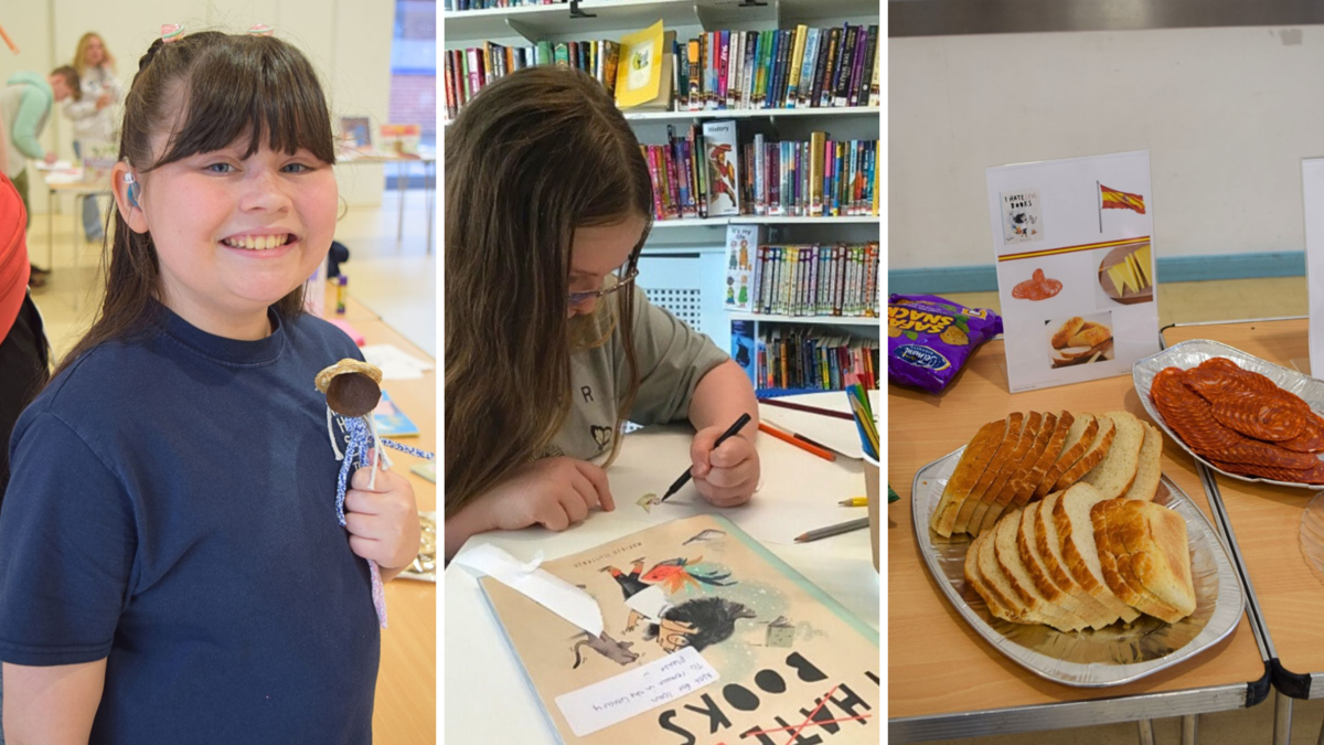 A collage of 3 images. First, a girl eating a cake pop. Second a student completing a paper-based activity in the library. Third: a spread of foods from Spain including chorizo and spanish bread.