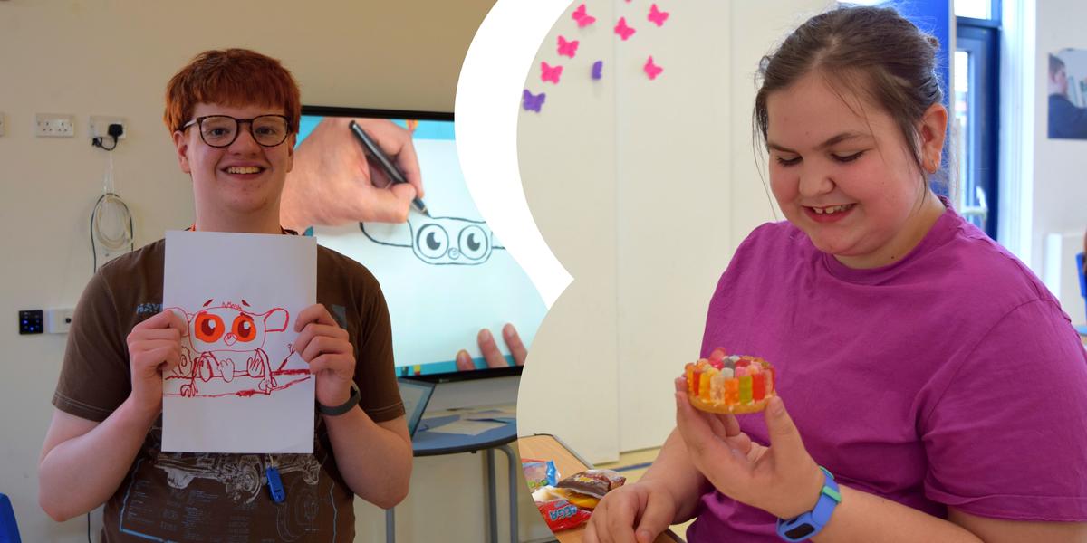 A collage of two students. James, smiling andd posing with his completed illustrator Rob Biddulph’s live draw-along; and Alice, at the biscuit decoration table, holding her decorated biscuit with fruit jellies.