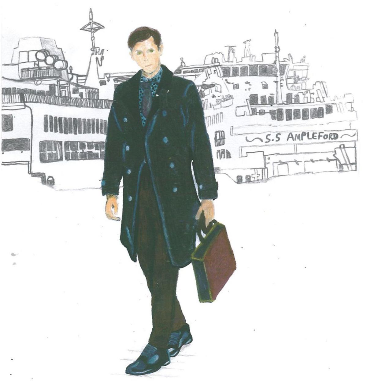 Ethan illustration for Dream Catcher A coloured drawing of a man carrying a briefcase with a city skyline behind him