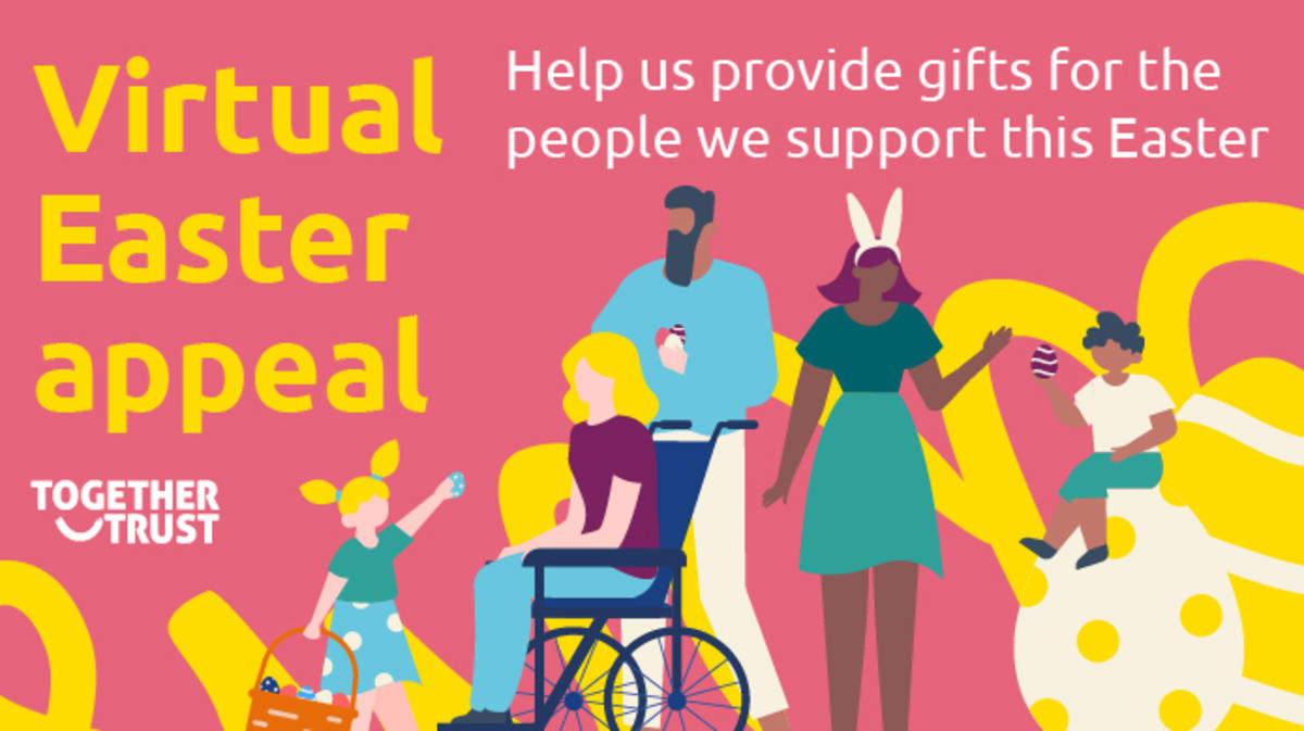 A branded banner image with the text "Virtual Easter appeal" and an illustration of people easter egg hunting A branded banner image with the text "Virtual Easter appeal" and an illustration of people easter egg hunting