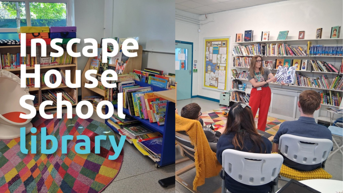 Collage of 2 images - on the left a photo of the library showing a colorful rug, an egg chair and a mix of colorful books. On the right a woman, Jenna the librarian,  is reading out loud to a room of children.