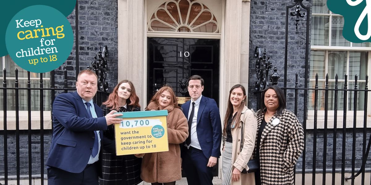 KeepCaringto18's delegation outside 10 Downing Street holding petition box