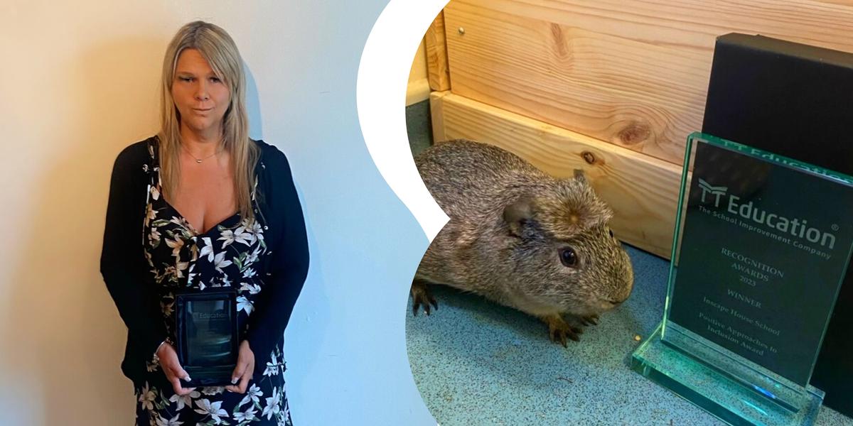 On the left, Danielle Eaton, Animal-assisted Intervention Practitioner, posing with the award and on the right, one of the guinea pigs next to the award.
