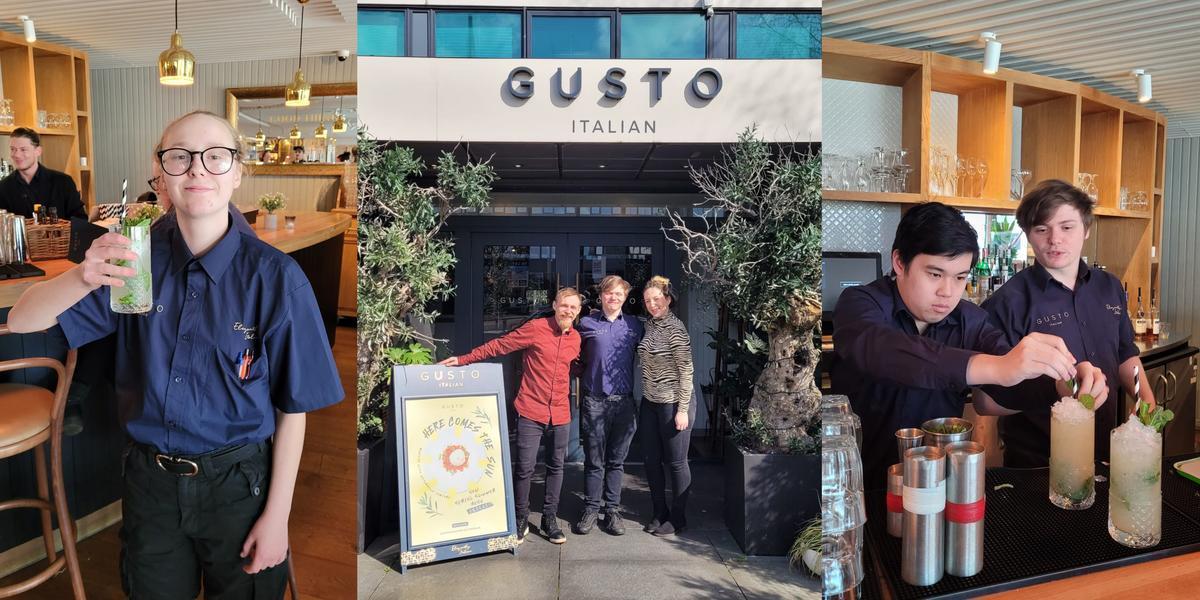 A collage of 3 photos. First showing a teenage girl proudly showing a mocktail she made, the middle one of a group of staff members posing outside gusto and the third of a teenage boy assembling an alcohol-free mojito.