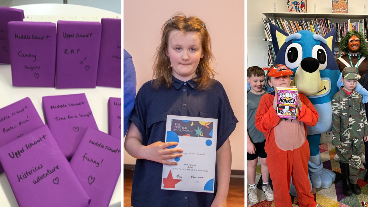 A collage of 3 images: first is an image of wrapped books that have a cryptic clue about them written on the wrapping such as "for upper school, a mysery novel". Second image is a student holding up a certificate at an awards ceremony. Third image is a group of children dressed in World Book Day costumes posing next to Bluey. 