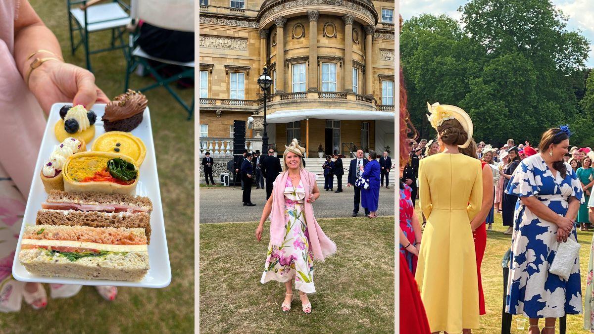A collage featuring three photos: sandwiches and treats on a plate from the event, Maxine in a beautiful pink dress, and Kate in the crowd at the back.