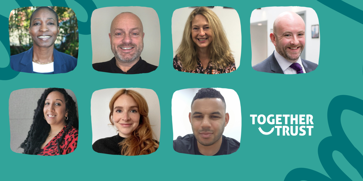 Headshots of seven new trustees against a blue background