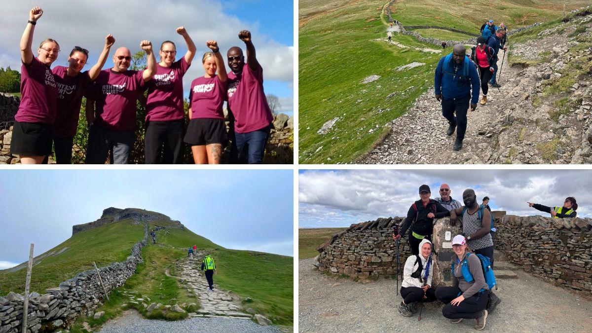 A collection of four images depicting various moments from the team's hike.