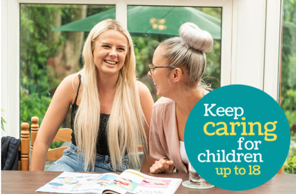 Keep Caring to 18 a young person and a woman sit laughing together