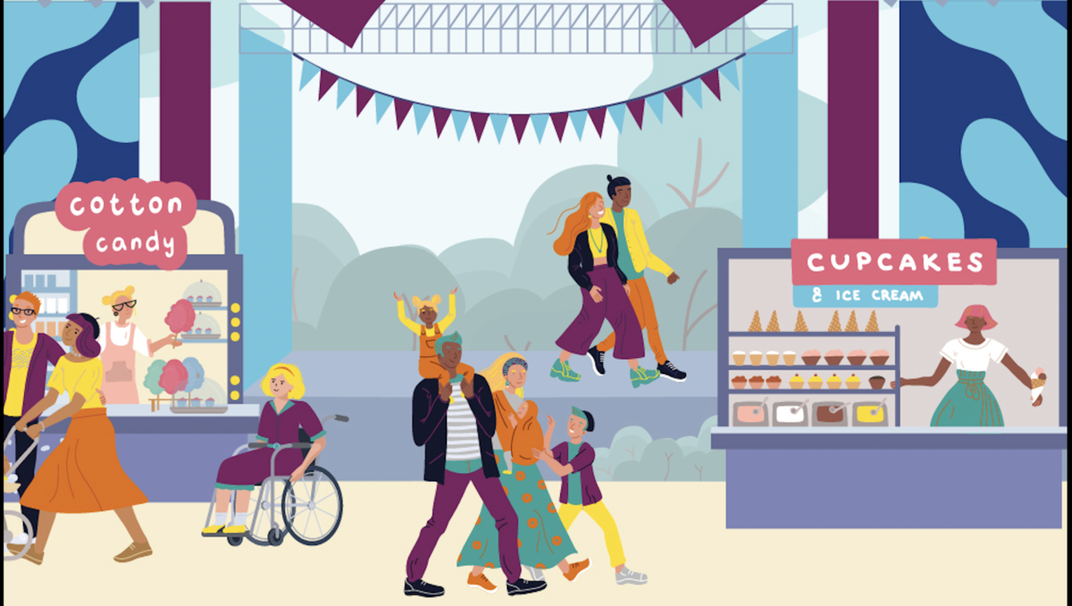 an illustrated drawing of festival stalls