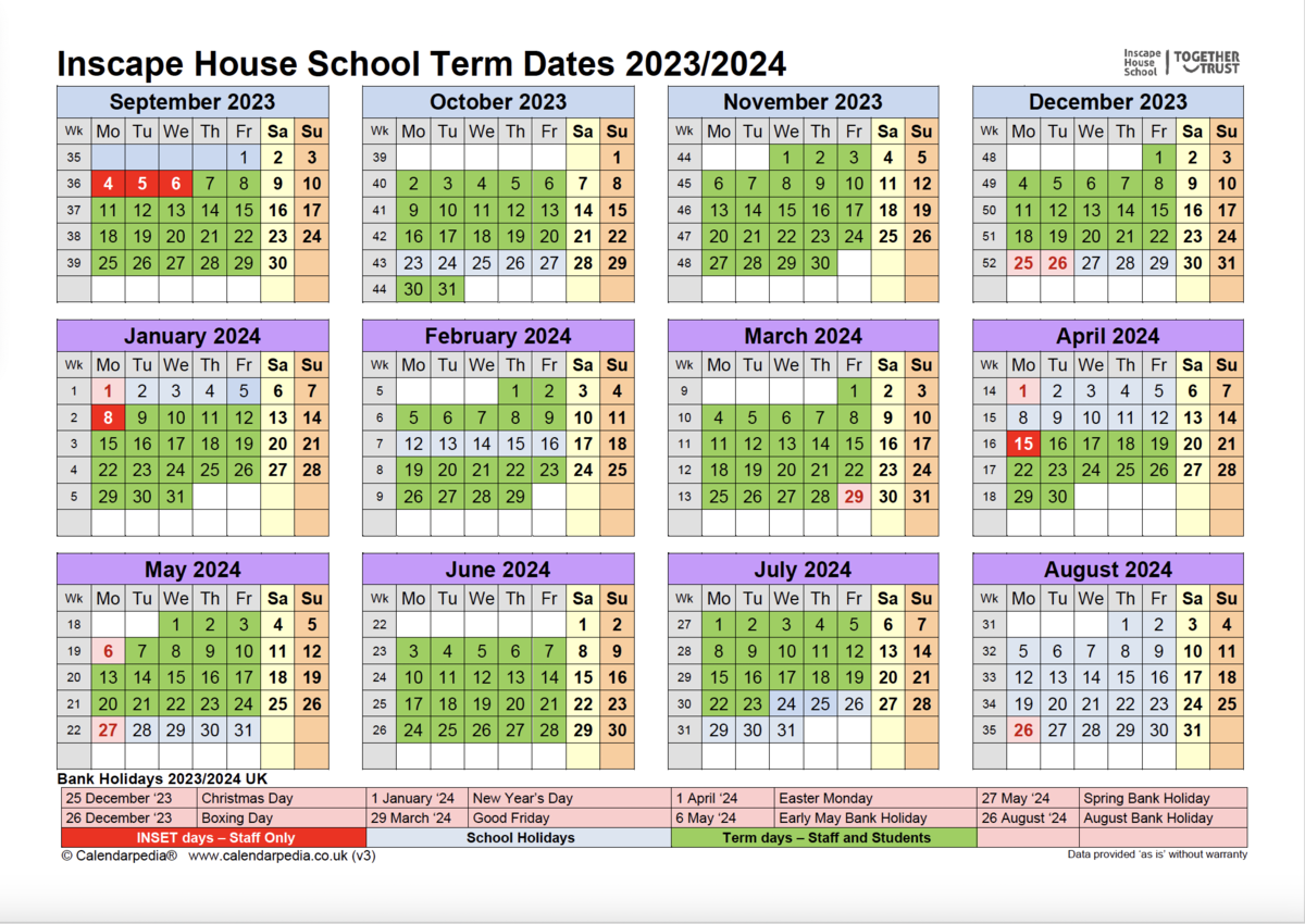 a calendar showing term dates at Inscape for 2023 until 2024