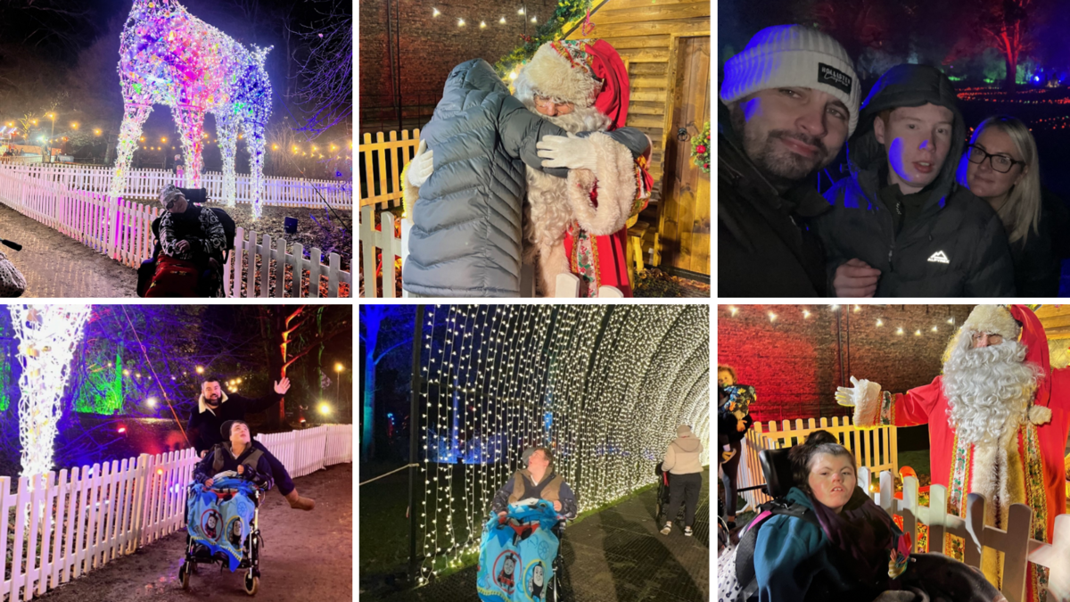 Collage of 6 photos. First photo - boy in wheelchair underneath a huge light-up reindeer. Second photo - boy hugging santa claus. Third photo - a boy posing next to two staff members. Fourth photo - a staff member posing with a young person next to the light show. Fifth photo - a boy in his wheelchair sat underneath a tunnel of lights. Sixth photo - a girl next to santa claus