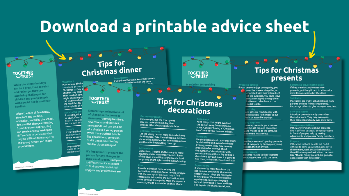An illustration of 3 advice sheets with the titles "Tips for christmas dinner", "Tips for christmas decorations" and "Tips for christmas presents" 