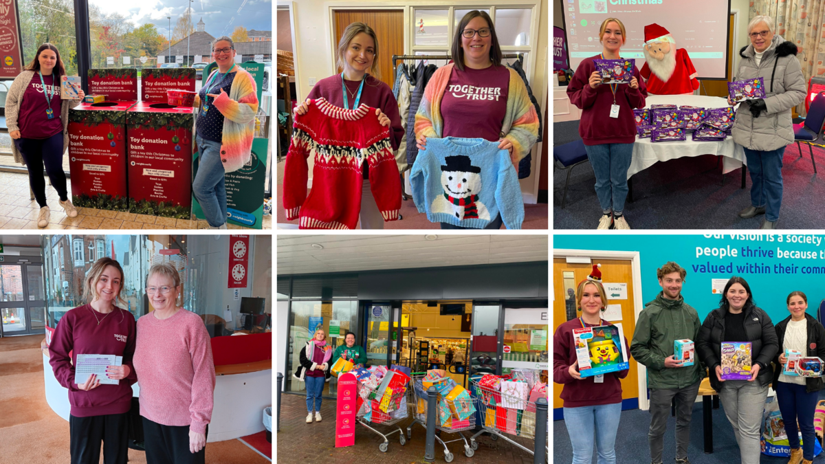 Collage of 6 photos depicting fundraisers standing next to supporters holding items they donated ranging from chocolate, toys, tickets to theatre plays, hand knitted sweaters. 