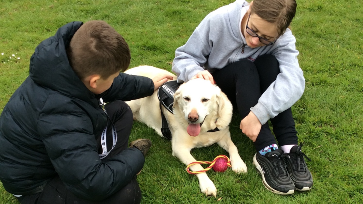 Two students playing with a dog outside in the grass. 