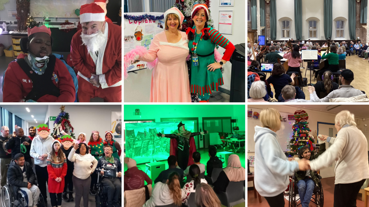 Collage of 6 pictures. First photo - a student in wheelchair sat next to santa. Second photo - 2 staff members dressed up as elves. Third photo - students sat in a concert hall watching an orchestra performance. Fourth foto - a group of students wearing christmas jumpers smiling in the college corridor. Fifth photo - students watching the panto starring a man in a cape. Sixth photo - a student in a wheelchair holding hands in a circle smiling with 2 older women. 