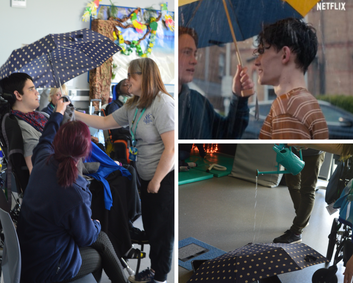 to the left - a photo of Naomi holding an umbrella over a learner. top right - a still from the series Heart Stopper. bottom right - Naomi pouring water from a watering can onto the top of an umbrella.