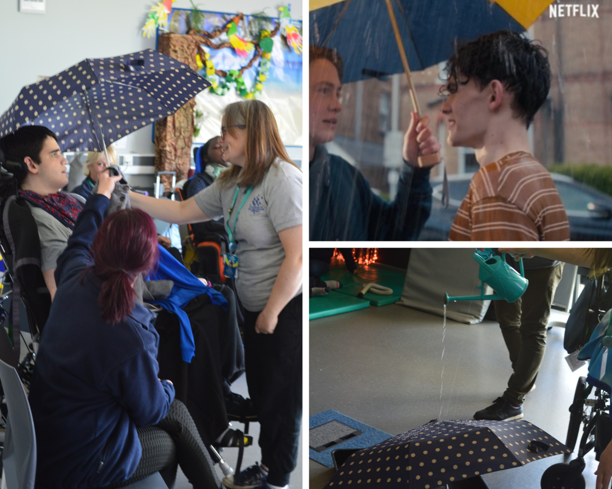 to the left - a photo of Naomi holding an umbrella over a learner. top right - a still from the series Heart Stopper. bottom right - Naomi pouring water from a watering can onto the top of an umbrella. 