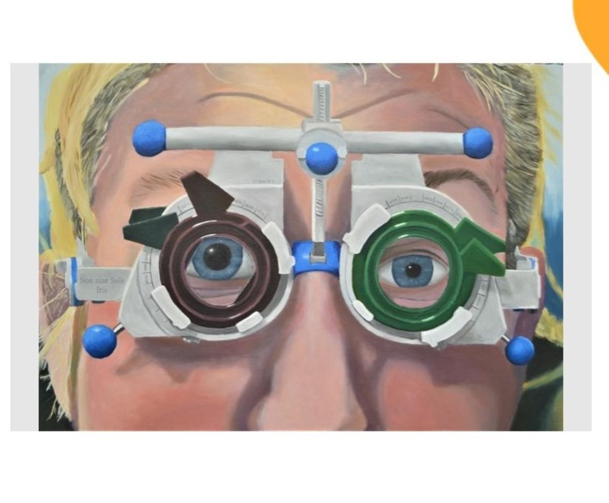 A painting of a person undergoing an eye test 