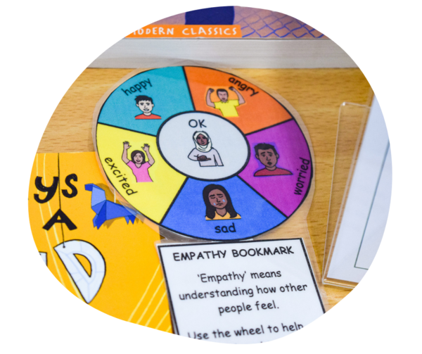 Empathy bookmark at the book stall A laminated bookmark with a colorful dial at the top depicting different emotions like: sad, worried, excited, angry, happy.
