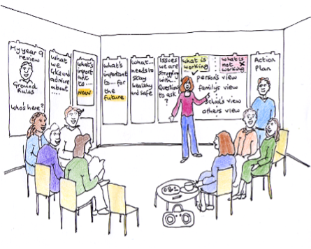a cartoon drawing of a group of people having a discussion