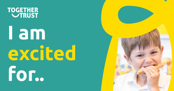 Am image of a young boy eating toast with the text "I am excited for..." Am image of a young boy eating toast with the text "I am excited for..."