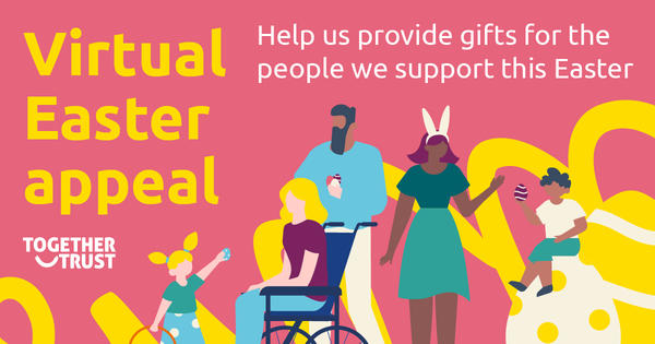 A group of illustrated people doing an easter egg hunt with the text 'Virtual Easter appeal' A group of illustrated people doing an easter egg hunt with the text 'Virtual Easter appeal'