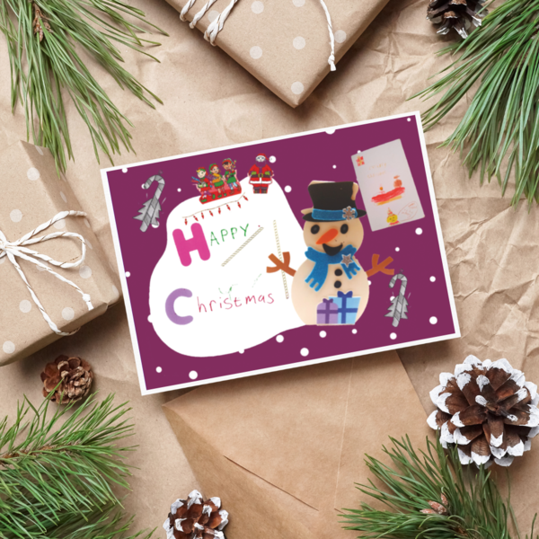 a purple Christmas card that reads happy Christmas