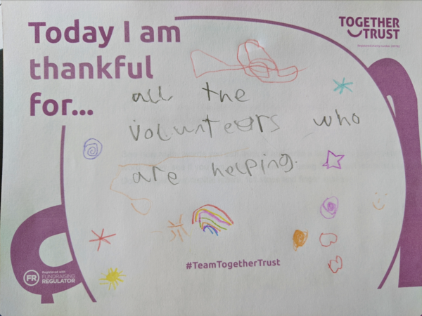 A poster that reads 'I am thankful for all the volunteers who are helping' A poster that reads 'I am thankful for all the volunteers who are helping'