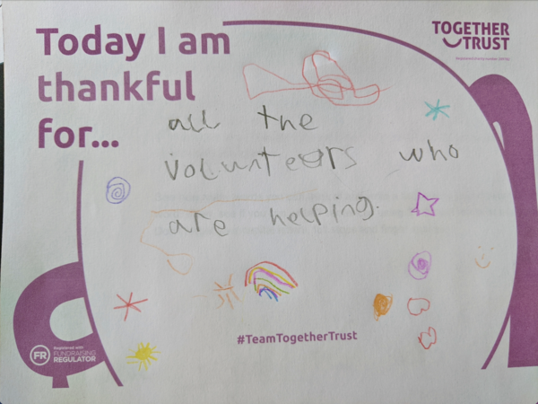 A poster that reads 'I am thankful for all the volunteers who are helping'