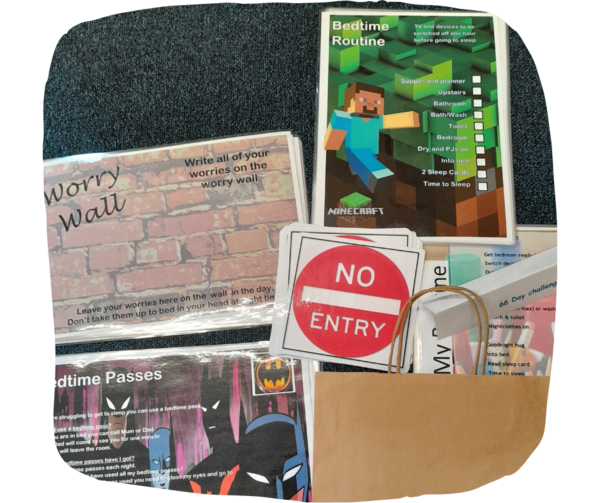 A collection of laminated papers for sleep therapy like routine checklists, bedtime passes, a sign that reads 'no entry', a sheet that reads 'the worry wall'. 