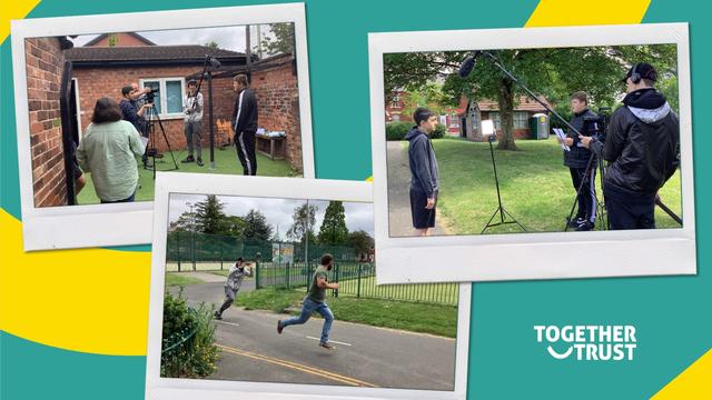 A collage of the students during the filming process.