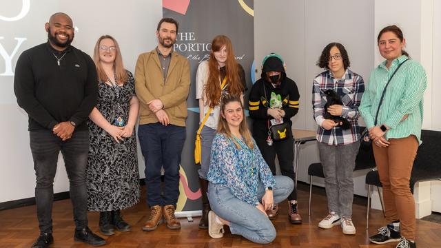 Image shows MC Reece Williams, Judge Oliver East with teachers and students Talia, Ebony and Saffron from Inscape House School