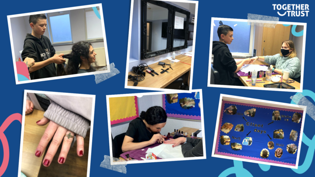 A photo collage of the young people doing a haristyle, nails.