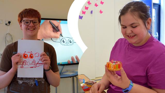 A collage of two students. James, smiling andd posing with his completed illustrator Rob Biddulph’s live draw-along; and Alice, at the biscuit decoration table, holding her decorated biscuit with fruit jellies.