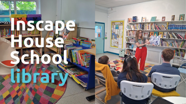Collage of 2 images - on the left a photo of the library showing a colorful rug, an egg chair and a mix of colorful books. On the right a woman, Jenna the librarian,  is reading out loud to a room of children.