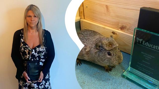 On the left, Danielle Eaton, Animal-assisted Intervention Practitioner, posing with the award and on the right, one of the guinea pigs next to the award.