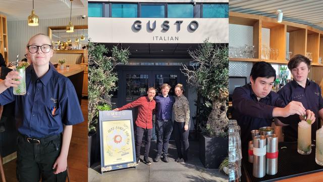 An Inscape House School student holding a glass of mocktail, three members of the Gusto team in front of the restaurant and a student preparing a mocktail with the help of Oli.