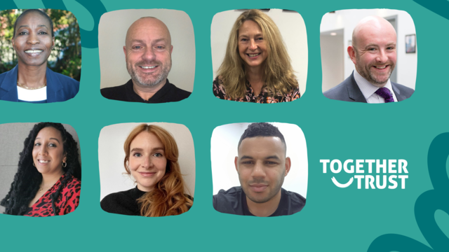 Headshots of seven new trustees against a blue background