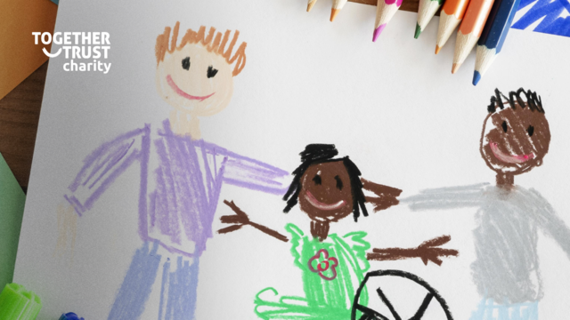 Children's drawing of a family where two parents have their arms around their child, who is a wheelchair user.