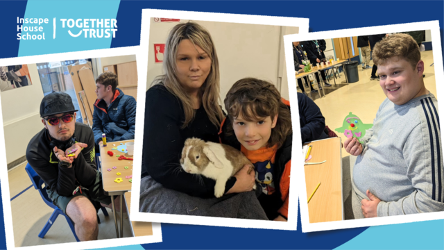 Collage of three photos showing students with their crafts and another with the bunny being held by Danielle.