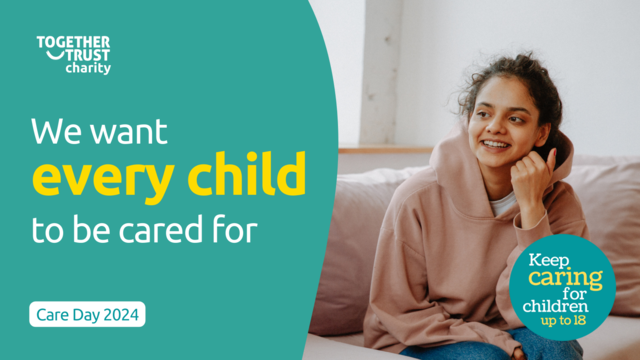 Teenage girl sat on a sofa, smiling mid-conversation at someone offscreen. Text says: "We want every child to be cared for" with the Keep Caring to 18 logo.