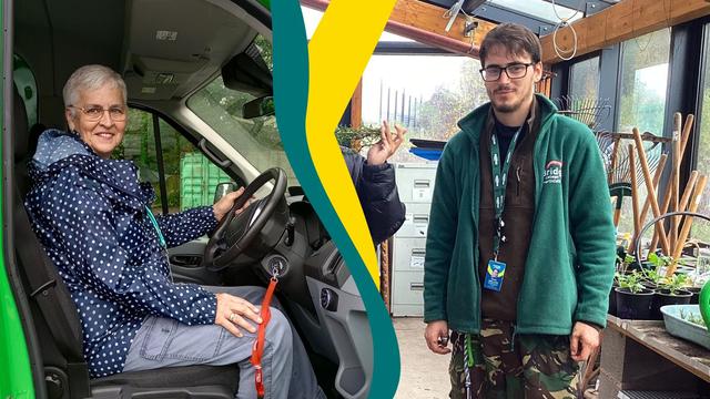 A collage of two photos Jan Sykes, volunteer driver at Inscape House School in driver seat and Tom, volunteer at Bridge College
